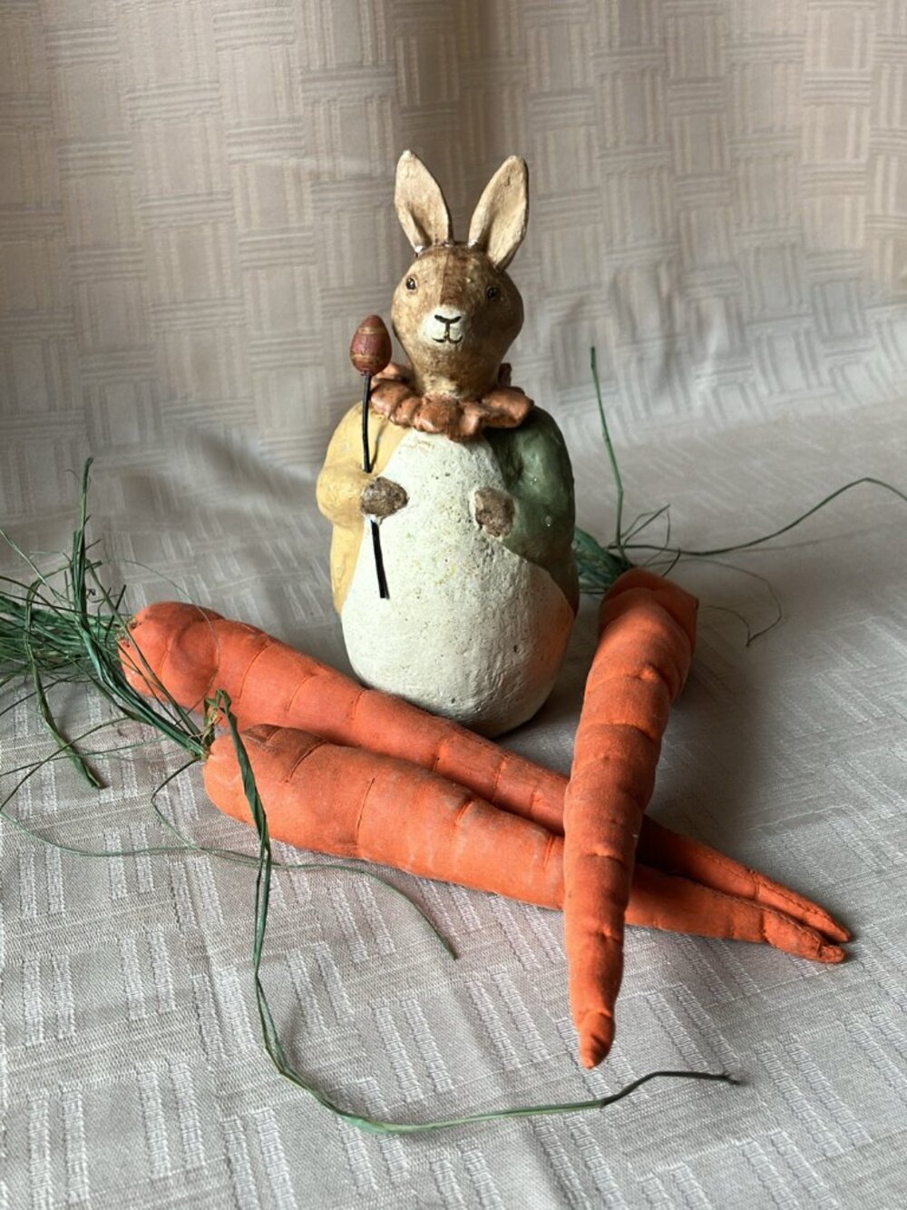 Easter Rabbit Resin Folk Art 6.25" With Three Soft Sculpture Carrots